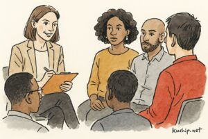 a female researcher conducting a focus group interview with a set of diverse group of participants.