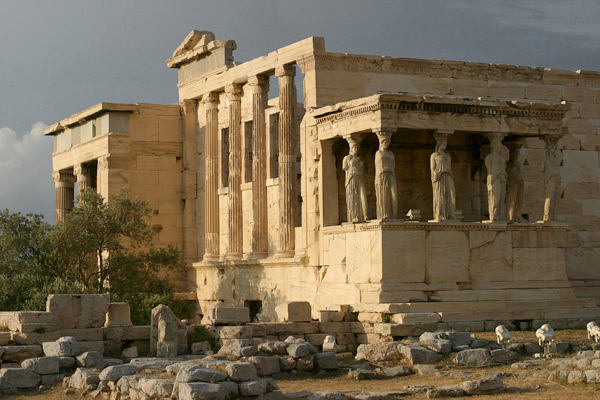 Caryatids are female figures that serve as the architectural support for the entablature of a building. The Greeks called these supporting figures korai, maidens.