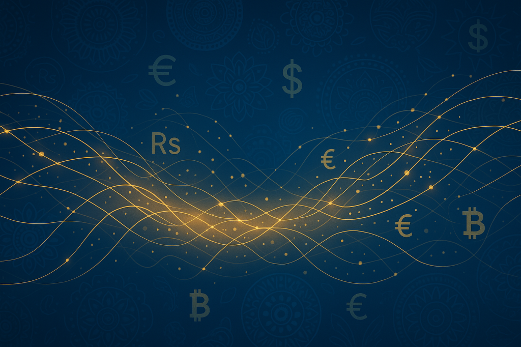 Abstract visualization of glowing data streams and neural networks intertwined with subtle Sri Lankan patterns and financial currency symbols, modern professional aesthetic, blue and gold palette (Generated using ChatGPT 4o image gen)