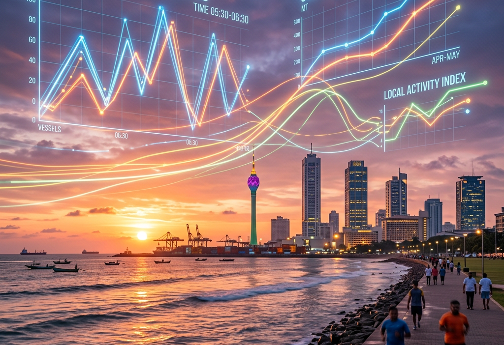 Graphs showing Colombo harbor vessel traffic, ocean trade volume, and local activity index overlaid on Colombo waterfront at sunset