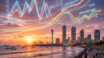 Graphs showing Colombo harbor vessel traffic, ocean trade volume, and local activity index overlaid on Colombo waterfront at sunset