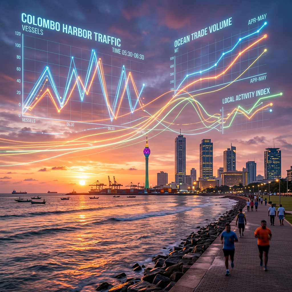 Graphs showing Colombo harbor vessel traffic, ocean trade volume, and local activity index overlaid on Colombo waterfront at sunset